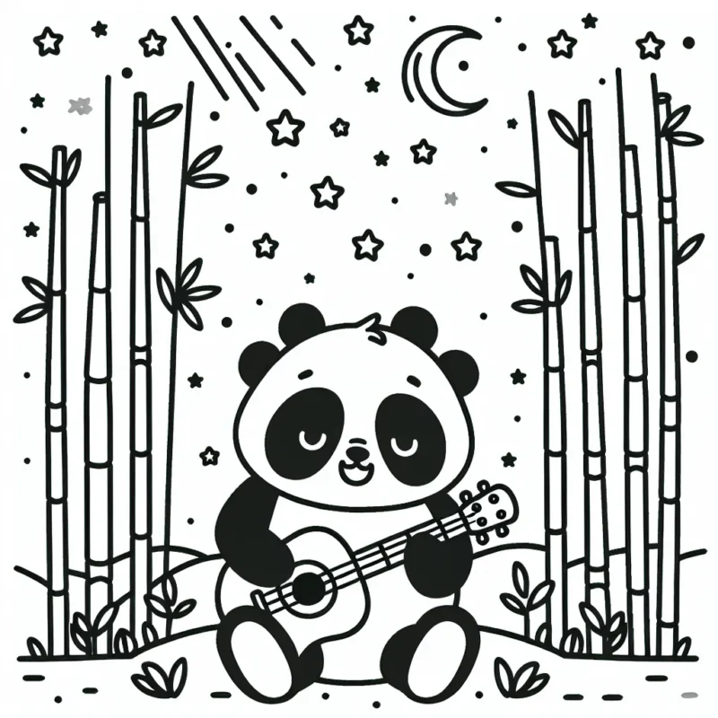 Un panda mignon qui joue de la guitare dans un champ de bambou sous une pluie d'étoiles filantes