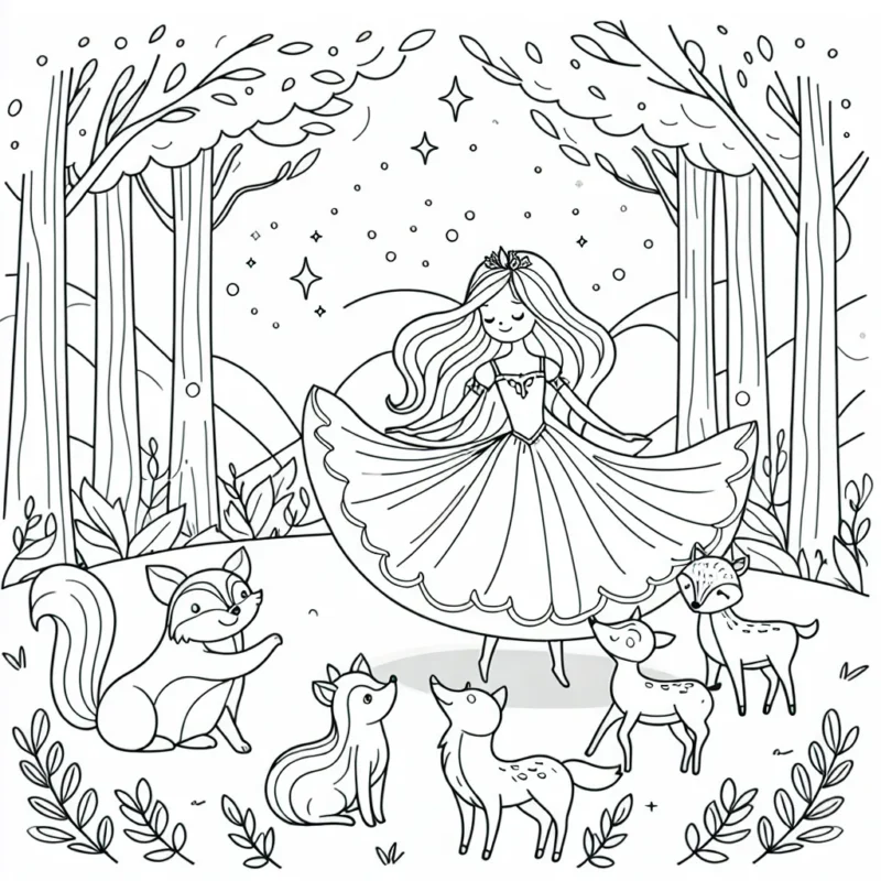 Amuse-toi alors que tu colores ce scénario magique d'une princesse à la longue robe virevoltante qui danse avec ses amis les animaux de la forêt.