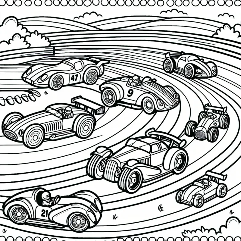 Huit voitures en pleine course sur une piste de circuit, toutes de marques et de modèles différents. Chaque voiture à son propre espace dédié pour le coloriage. L'image donne une sensation de mouvement et de vitesse. Reste à peindre les voitures et à créer l'atmosphère de la course en apportant des teintes dynamiques à la piste et au paysage environnant.