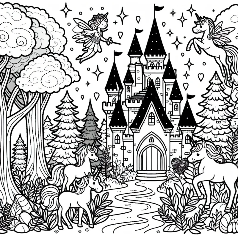 Un château magique avec des licornes et des fées dans une forêt enchantée