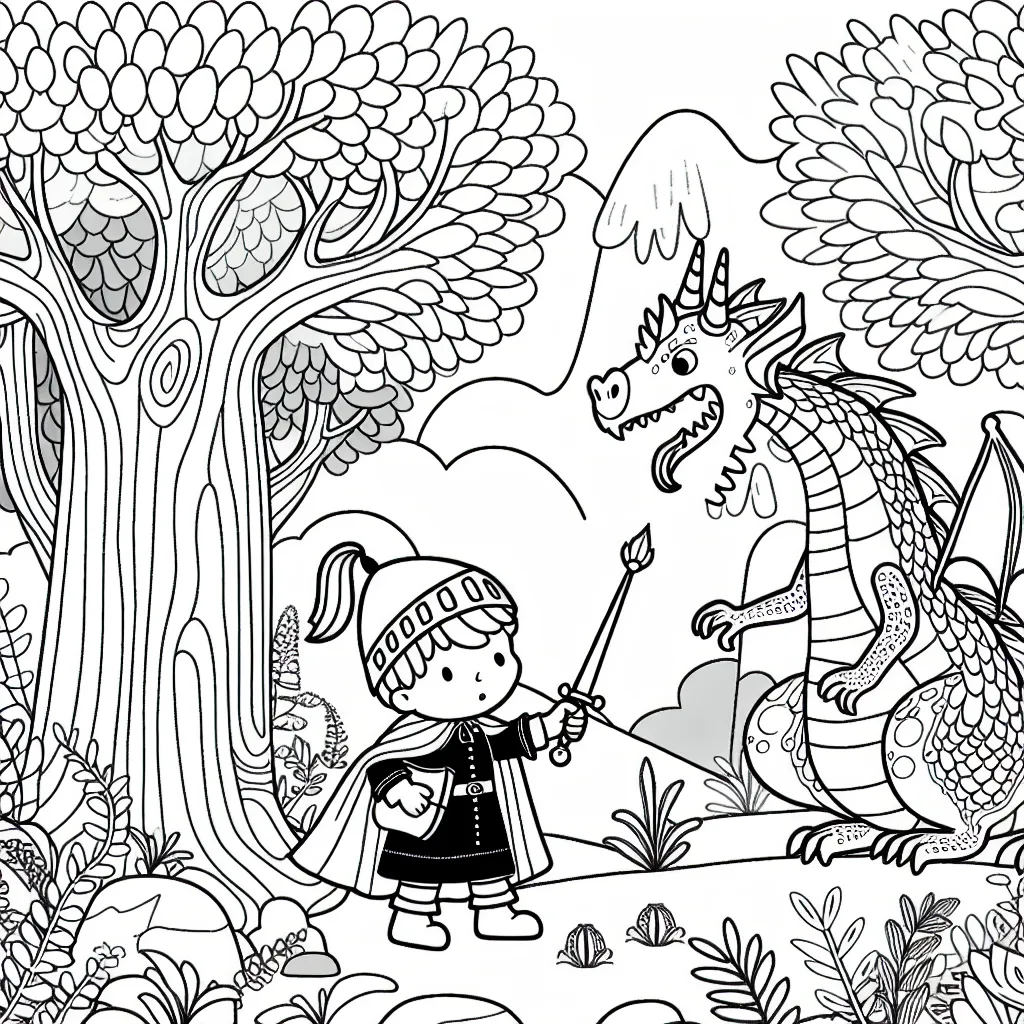 Un petit garçon en costume de chevalier fait face à un dragon amical dans une forêt enchantée aux arbres spéciaux et aux plantes luxuriantes.
