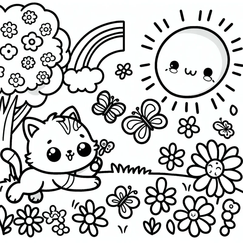 Un petit chaton qui tente d'attraper les papillons dans un grand jardin fleuri sous le regard amusé d'un soleil souriant et de son ami l'arc-en-ciel.