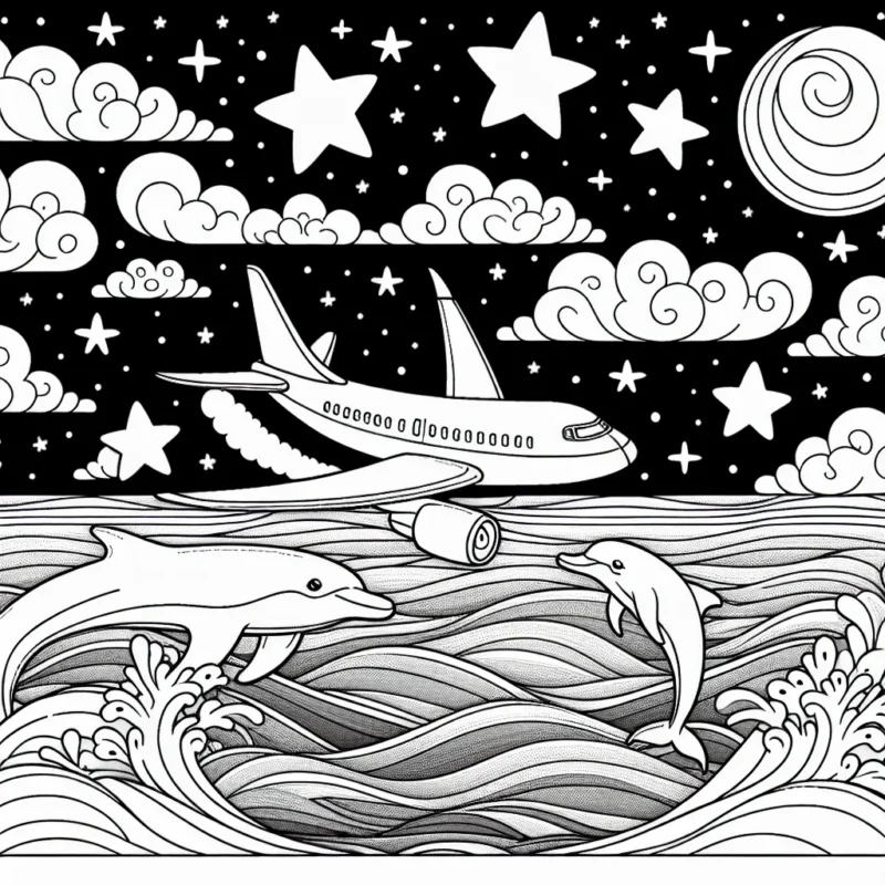 Dépeins un avion passer à travers le ciel étoilé, survolant l'océan, avec des dauphins qui sautent dans le lointain