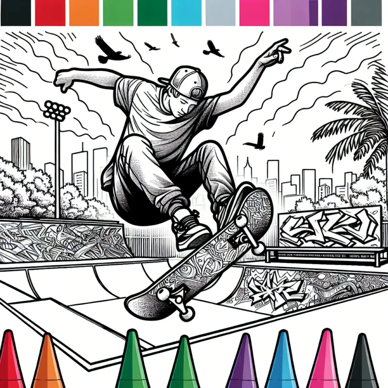 Un skateur faisant une impressionnante figure dans un skatepark urbain, avec en arrière-plan des graffitis colorés.