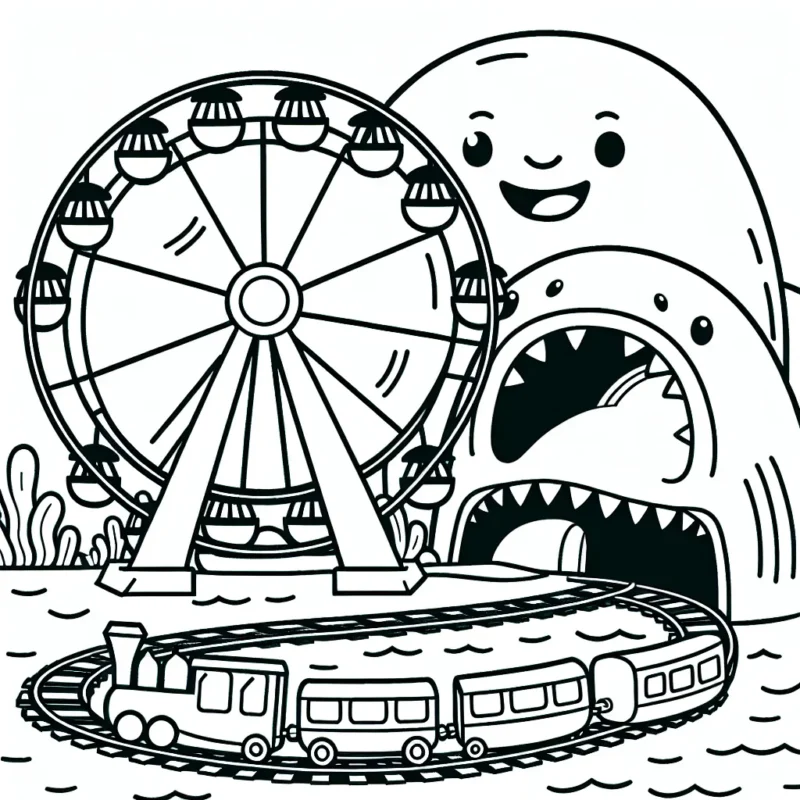 Un parc d'attractions sous la mer avec une grande roue tournante et un grand requin souriant qui sert de tunnel pour un train rapide.
