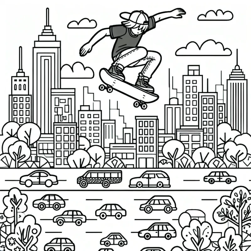 Un skateboarder exécutant un saut extrême au-dessus d'une ville animée