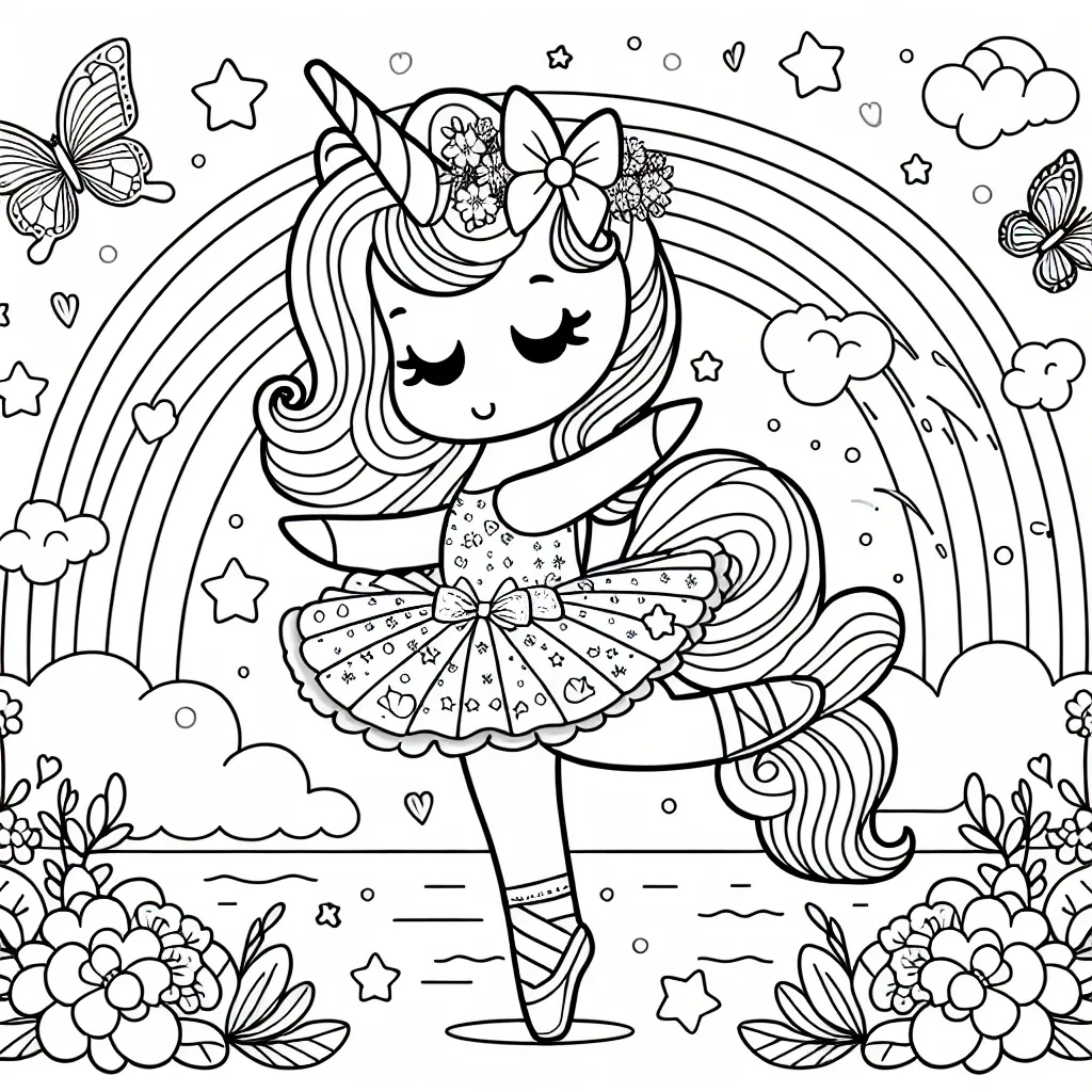 Mademoiselle Lulu, la licorne danseuse de ballet, pratique ses pas gracieux dans le magnifique jardin des rêves. Elle porte une robe de ballet avec des nœuds et des étoiles. Autour d'elle, il y a de magnifiques fleurs, des papillons et un arc-en-ciel.