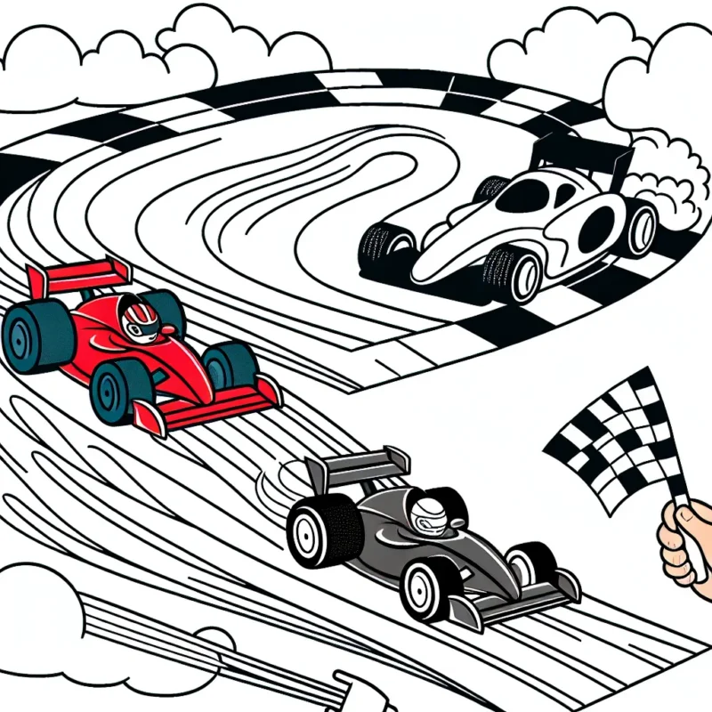 Dessine une course de voitures sur une piste animée avec une voiture de course rouge en plein dépassement et une voiture bleue qui la suit de près.
