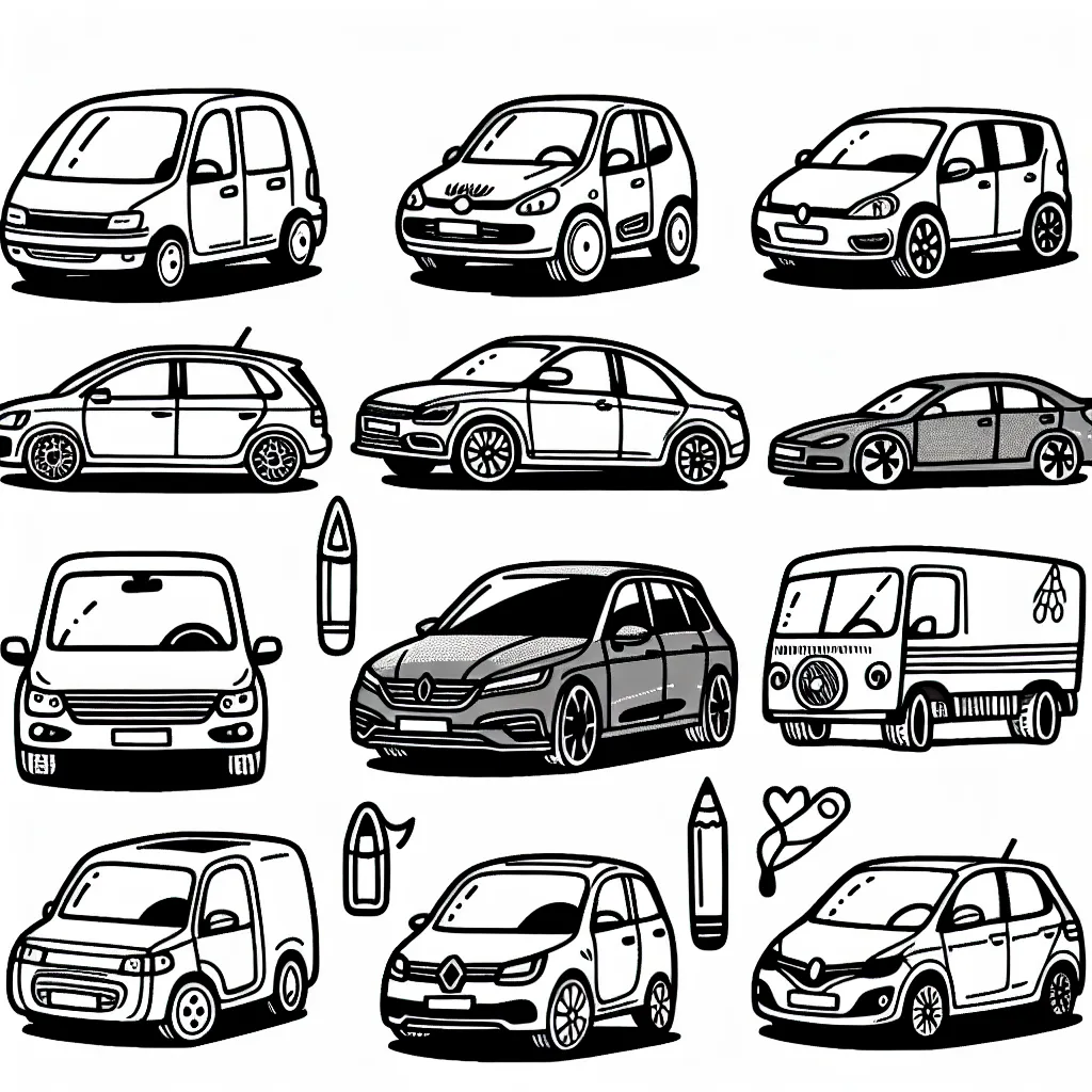 Dans ce dessin, on peut voir plusieurs voitures de différentes marques. Tu peux reconnaitre par exemple une Peugeot, une Renault, une Mercedes, une BMW, une Audi, une Volkswagen, une Citroën. Il y a également des logos de ces marques de voitures à côté de chaque voiture. Tu es prêt pour colorier les voitures ainsi que les logos ?