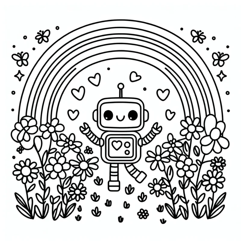 Un petit robot amical s'amuse dans un champ de fleurs lumineuses, avec un arc-en-ciel dans le ciel