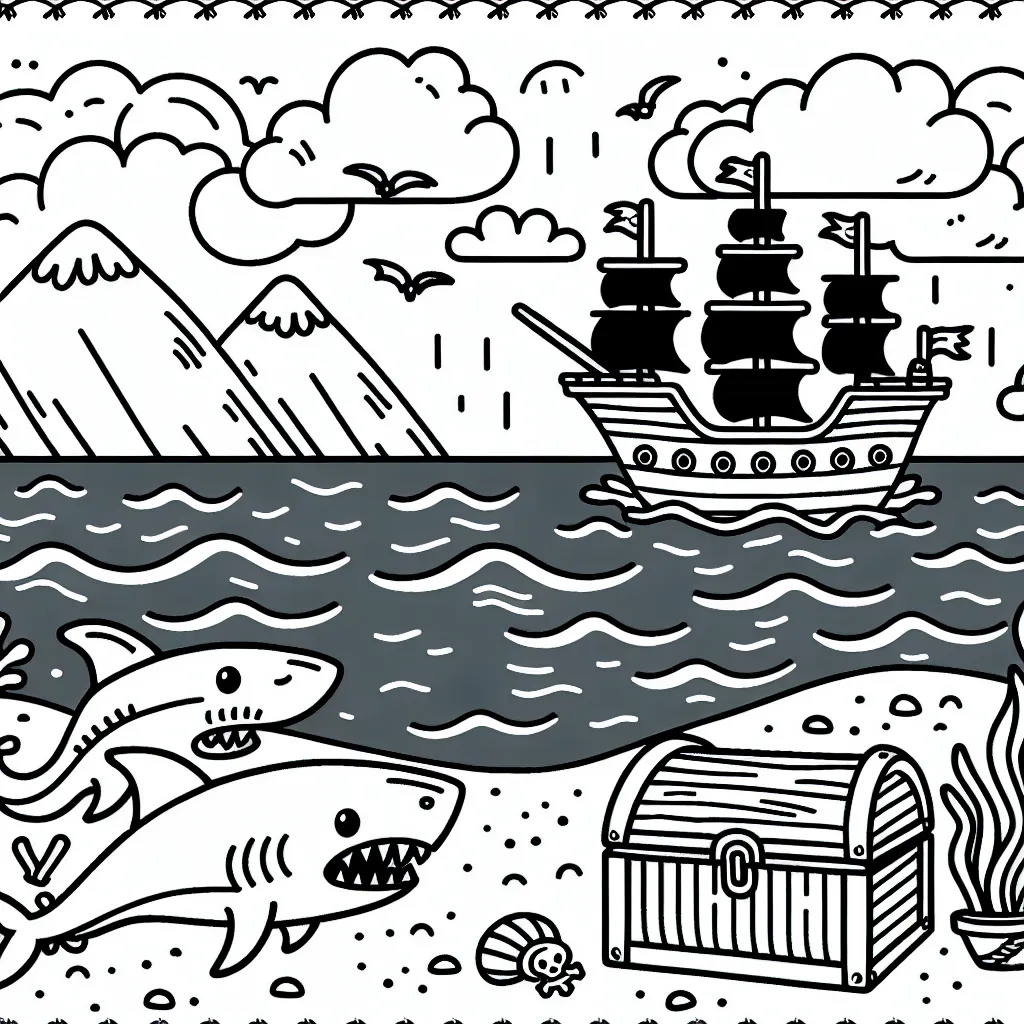 Une scène d'aventure de pirates avec un bateau, l'océan, des requins et un trésor