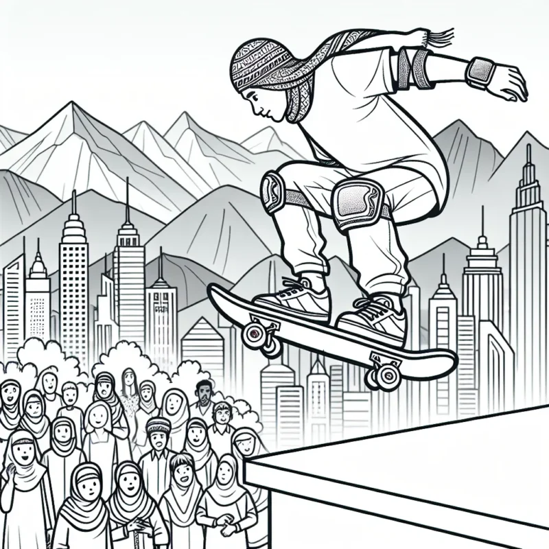 Dessinez un skateboarder réalisant un impressionnant saut au-dessus d'une ville animée, avec des montagnes en arrière-plan. N'oubliez pas d'ajouter des détails comme le casque, les genouillères, les coudières du skateboarder, et des gens qui le regardent avec émerveillement.