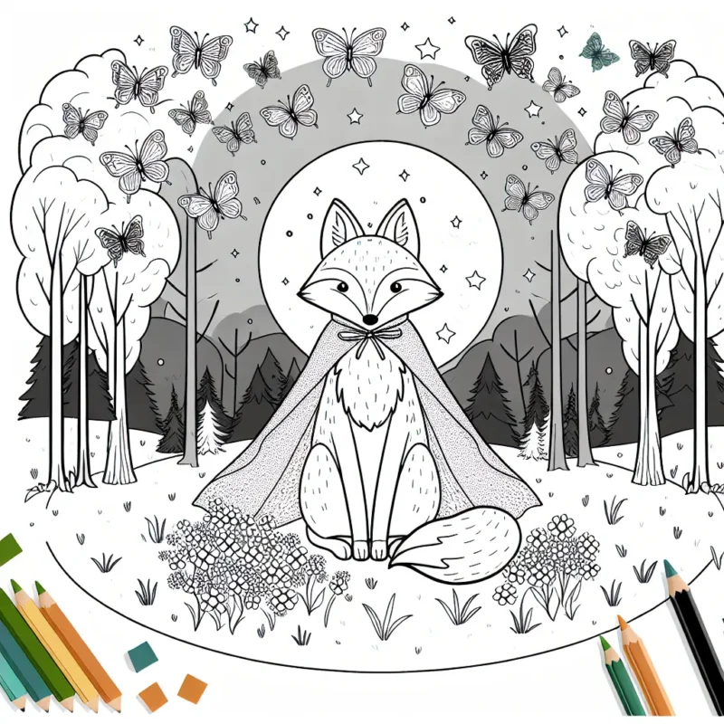 Dessine une forêt enchantée avec un renard portant une cape magique et des papillons multicolores qui lui servent de couronne.