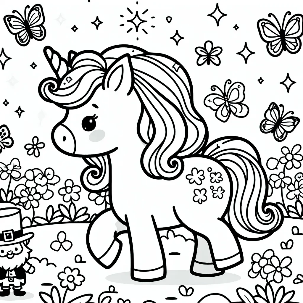 Imaginer une mignonne licorne se promenant dans un jardin enchanté, entourée de fleurs colorées, de farfadets joueurs et de papillons étincelants. La licorne sera au centre de l'image, avec un pelage blanc doux, une crinière et une queue aux couleurs de l'arc-en-ciel. N'oubliez pas de colorier son corne magique dorée!