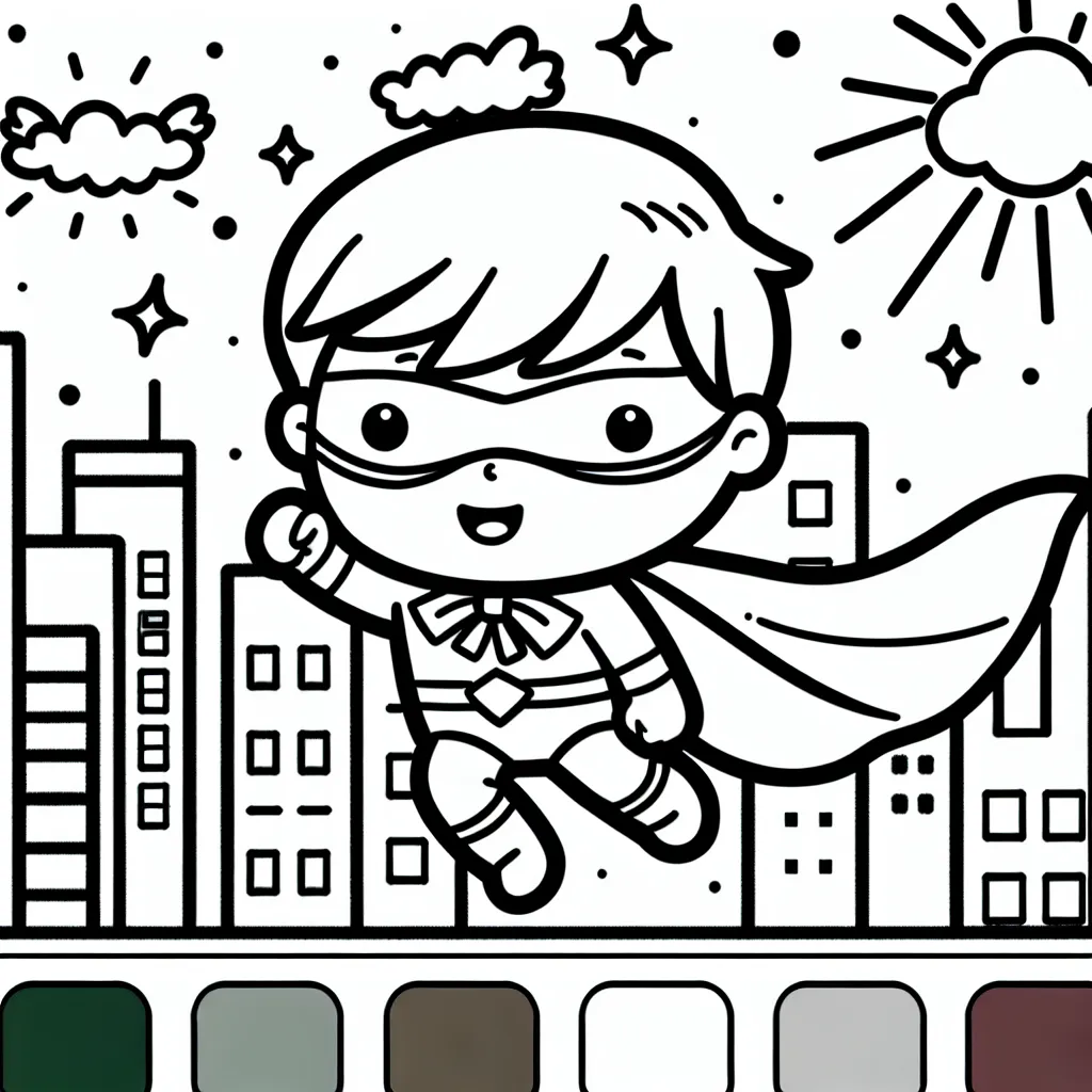 Un petit garçon déguisé super-héros volant au-dessus d'une ville illuminée.