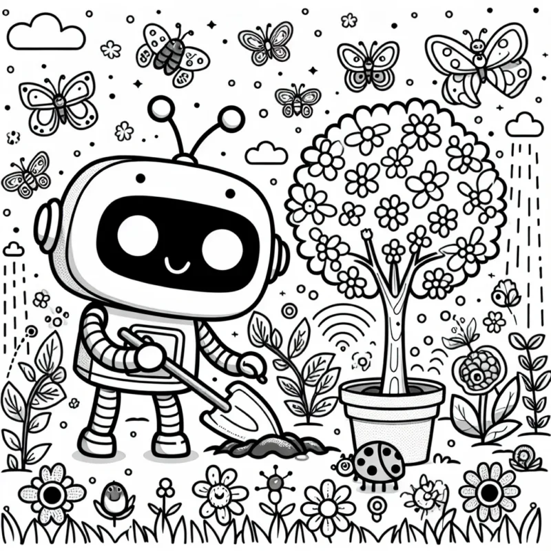 Un petit robot amical nommé Roby est en train de planter un arbre dans un jardin bourdonnant d'insectes divers. Roby est entouré de fleurs colorées, de papillons volants, de coccinelles grimpant sur les brins d'herbe et d'une fontaine pétillante en arrière-plan. Dessine et colorie le jardin animé de Roby le robot !