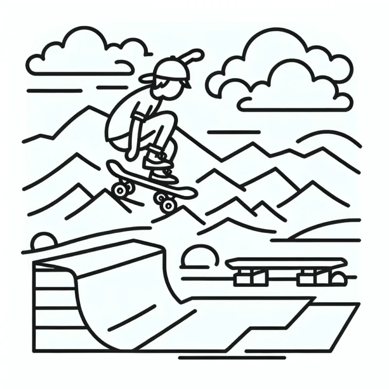 Dessine un skateur en plein saut au-dessus d'une rampe de skatepark, avec un paysage de montagnes en arrière-plan