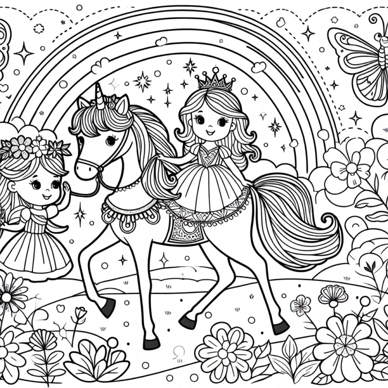 Dessine une petite princesse avec son cheval féerique dans son royaume floral