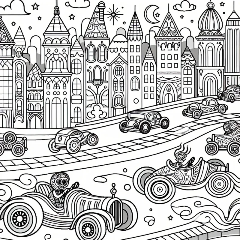 Dessine une course de voitures fantastiques à travers la ville magique.