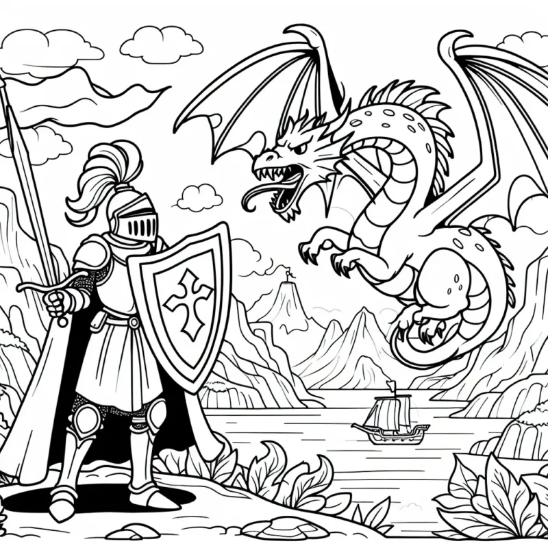 Un chevalier courageux protégeant son royaume contre un dragon féroce dans un paysage fantastique