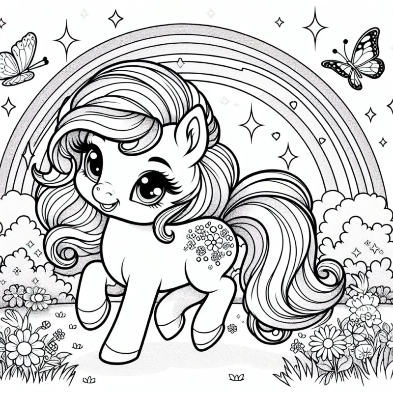 Un adorable petit poney féerique danse joyeusement dans une prairie scintillante, entourée par un arc-en-ciel, de jolies fleurs et de papillons magiques. Il a une crinière et une queue luxuriantes, colorées et brillantes. Pouvez-vous lui donner vie avec vos belles couleurs?