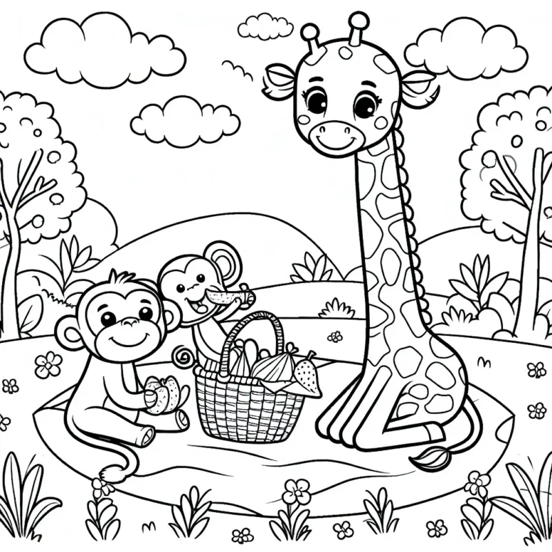 Dans un paysage de jungle, une girafe effectue un savoureux pique-nique avec deux singes coquins