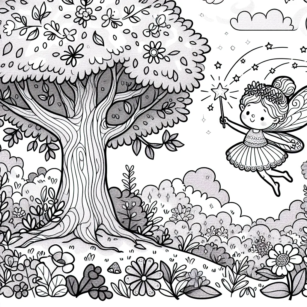 Une jolie petite fée dans un jardin magique, entourée de fleurs aux mille couleurs et d'animaux enchantés. Elle est en train de voler vers un arbre ancestral, d'un âge inconnu, tenant une baguette magique qui étincelle avec la magie des fééries.