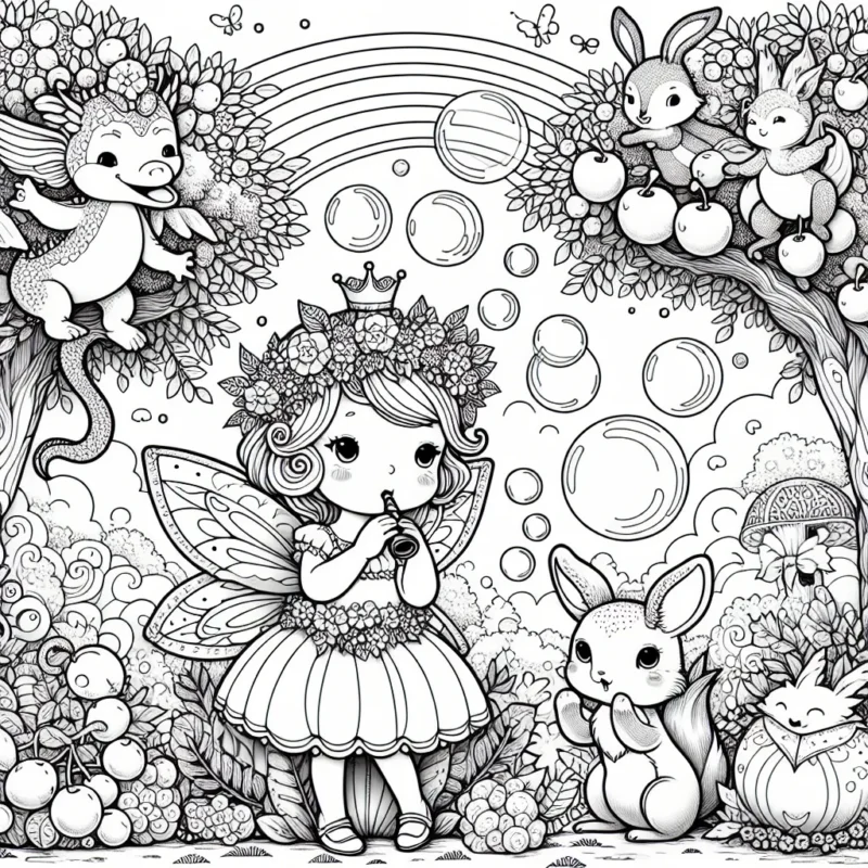 Une petite princesse avec une couronne de fleurs est assise dans un jardin enchanté entourée d'animaux féeriques comme un petit dragon qui souffle des bulles, un lapin avec un chapeau haut de forme et un renard qui joue de la flûte. Les arbres sont couverts de fruits éclatants de diverses formes et couleurs. Un arc-en-ciel s'étend à l'horizon.