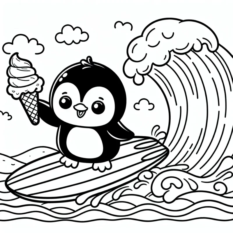 Un pingouin mignon en train de faire du surf sur une vague géante tout en tenant une glace à la nageoire