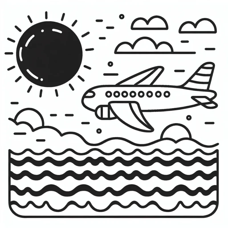 Dessine et colore un avion survolant l'océan avec un coucher de soleil à l'arrière-plan