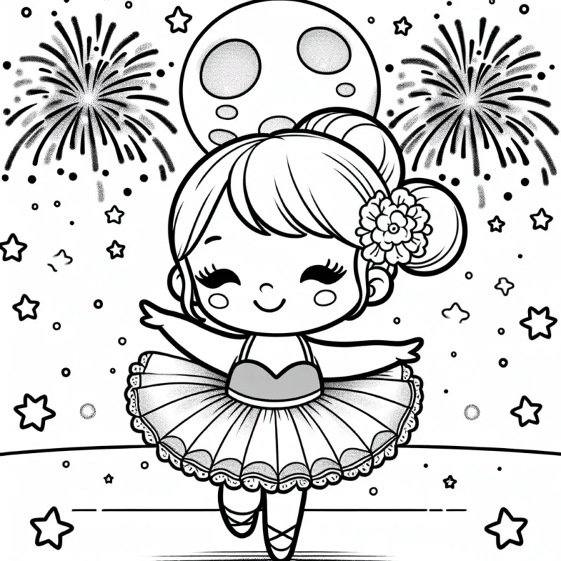Une petite fille dansante en tutu à la lueur de la lune avec des feux d'artifice flamboyants en arrière-plan