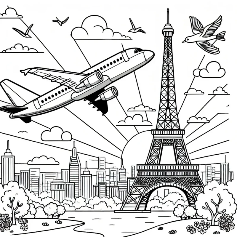 Dessine un avion fier et moderne survolant la Tour Eiffel avec un magnifique coucher de soleil en arrière-plan. N'oublie pas d'ajouter des oiseaux voletant librement dans le ciel et des nuages flottants dans le ciel. Pour rendre le paysage encore plus spectaculaire, dessine également quelques gratte-ciel à l'horizon.