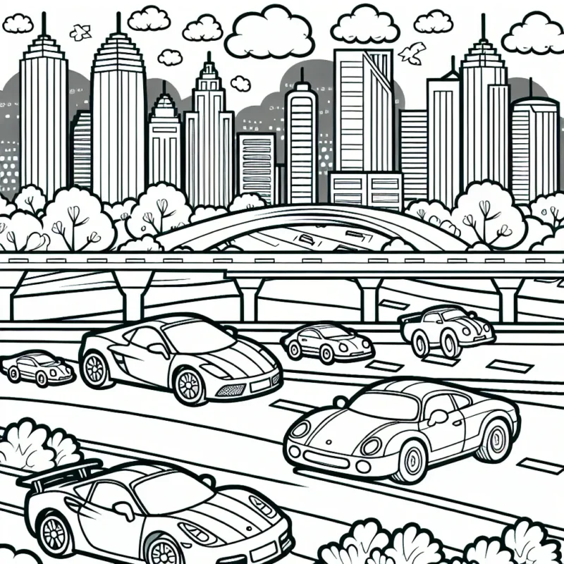 Dessine une course effrénée entre des voitures de sport sur une autoroute colorée, avec un paysage urbain en arrière-plan