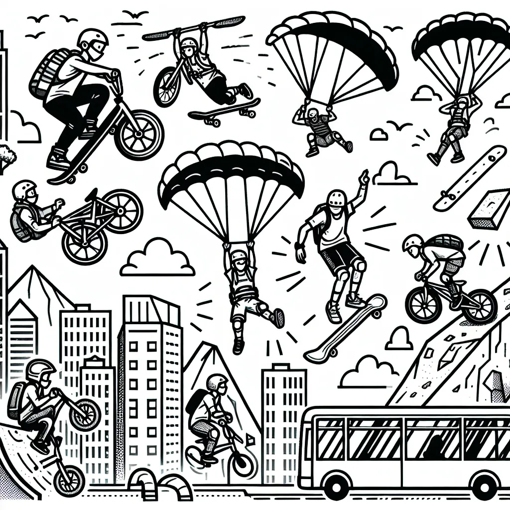 Dessine un parcours de sports extrêmes dans une ville animée, avec des skateurs effectuant des figures impressionnantes, des cyclistes de BMX sautant des rampes, des parapentistes volant à travers le ciel, et des grimpeurs escaladant des immeubles.