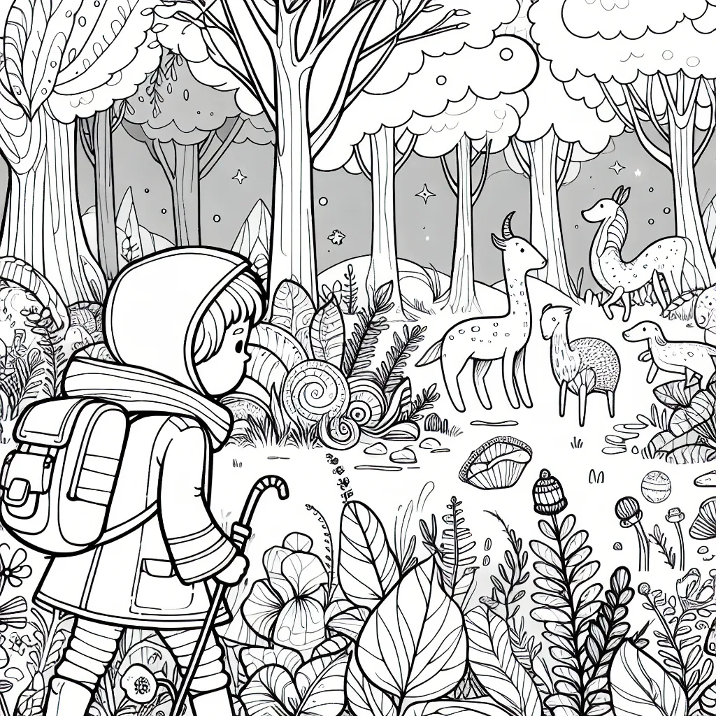 Un jeune explorateur traverse une forêt enchantée pleine de créatures fantastiques.
