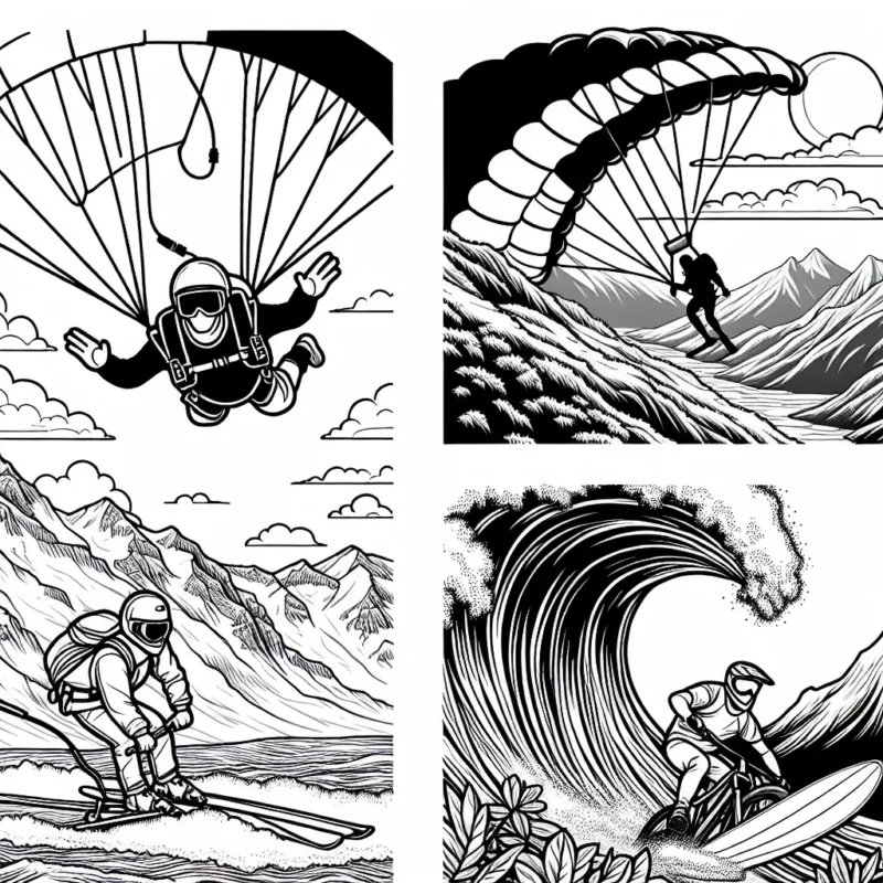 Un parachutiste audacieux saute d'un avion, un skieur intrépide descend des montagnes escarpées, un surfeur affronte une vague gigantesque et un cycliste de montagne roule à grande vitesse sur un sentier rocheux.
