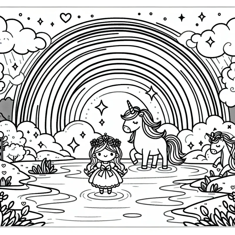 Sous un arc-en-ciel lumineux, une adorable petite princesse joue avec des licornes majestueuses au bord du lac.