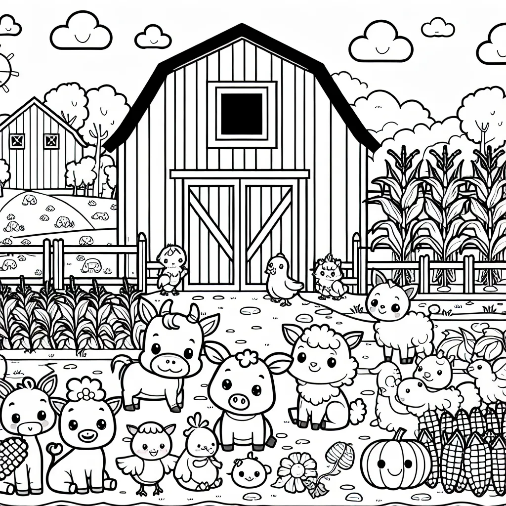 Une journée à la ferme avec tous les animaux de la ferme dessinés avec des visages heureux. Il y a également une grande grange rouge, un champ de maïs jaune et des légumes dans un potager.
