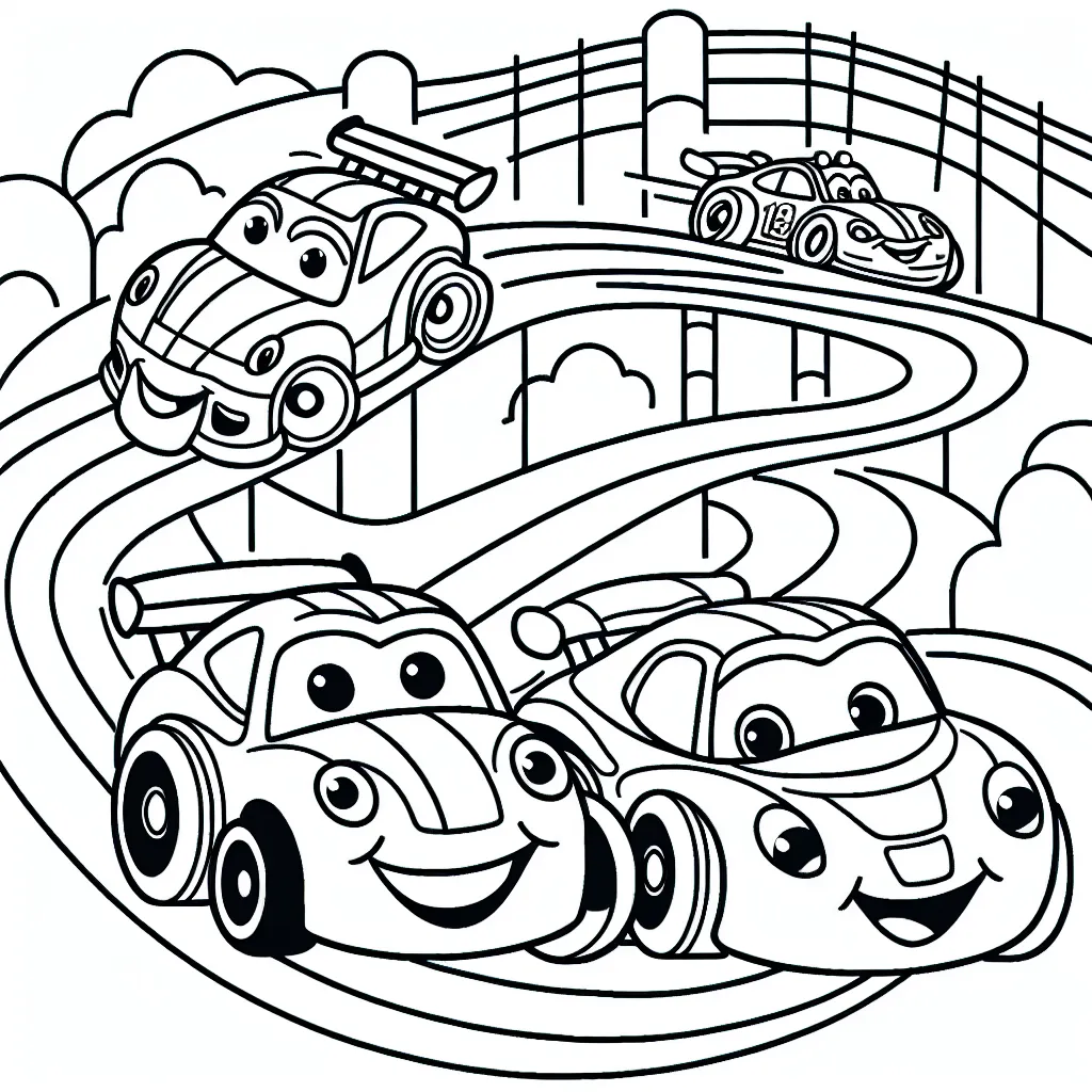 Un dessin représentant une course de voitures animées sur un circuit plein de rebondissements. Il y a trois voitures qui participent à la course : une voiture rouge, une voiture bleue et une voiture jaune. Chaque voiture a un visage souriant et des yeux. Le circuit a des virages en épingle à cheveux, des sauts palpitants et même un tunnel.