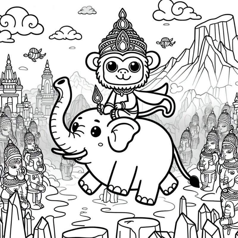 Dessine un roi singe malicieux chevauchant un éléphant volant au-dessus d'un ancien royaume rempli de statues de glace
