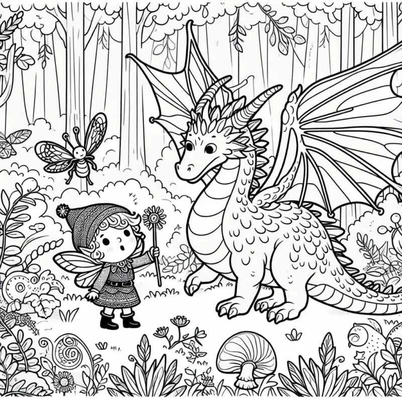 Une petite fée chevauchant un dragon amical dans une forêt enchantée peuplée de créatures magiques.