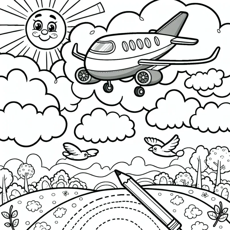 Sur ta feuille, dessine un bel avion qui traverse un ciel nuageux. Le soleil devrait être haut dans le ciel et tu devrais dessiner quelques oiseaux qui volent à proximité de l'avion. Il serait intéressant de dessiner également la terre en dessous avec des arbres et des maisons.