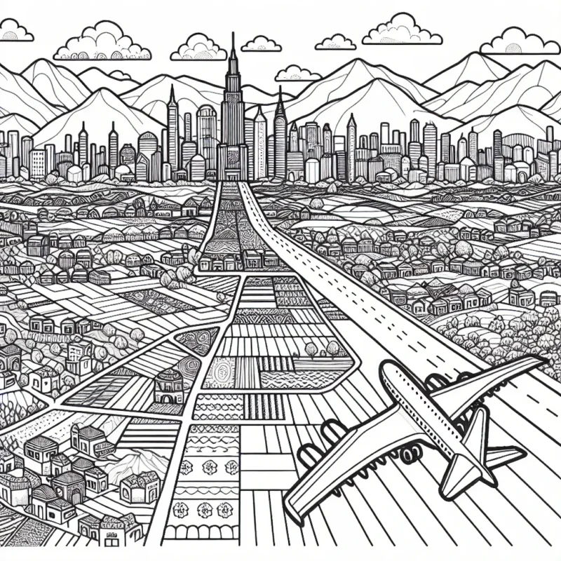 Un dessin détaillé d'un avion de ligne volant au-dessus d'une ville animée, avec des paysages variés qui s'étendent jusqu'à l'horizon.