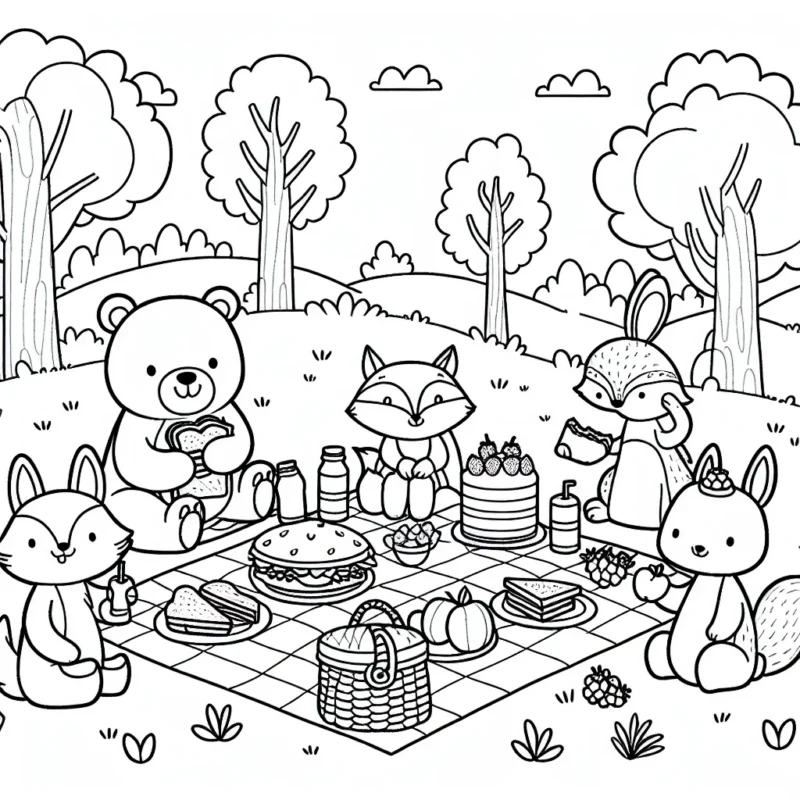 Dessine une scène où une famille d'animaux est en train de préparer un pique-nique dans une clairière ensoleillée. Il doit y avoir un ours, un renard, un lapin et un écureuil. Les animaux préparent des sandwichs, des fruits, des gâteaux et des jus de fruits. Ils sont tous heureux et excités.