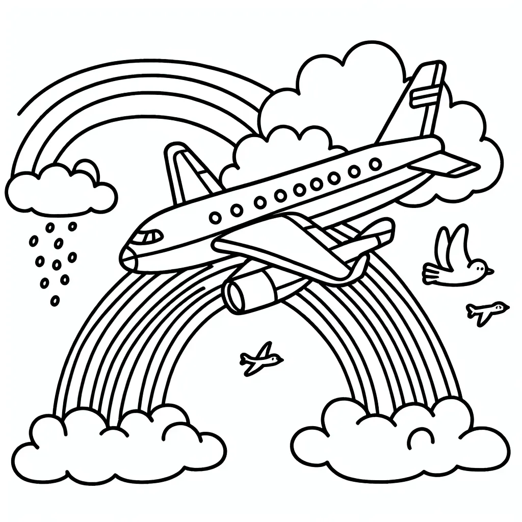 Un aéronef de type jet volant haut dans le ciel avec des nuages, des oiseaux et un arc-en-ciel. L'avion est divisé en trois sections pour les teintes du fuselage, des ailes et de la queue. Le logo de la compagnie fictive 'Skyfun' est visible sur la queue de l'avion.