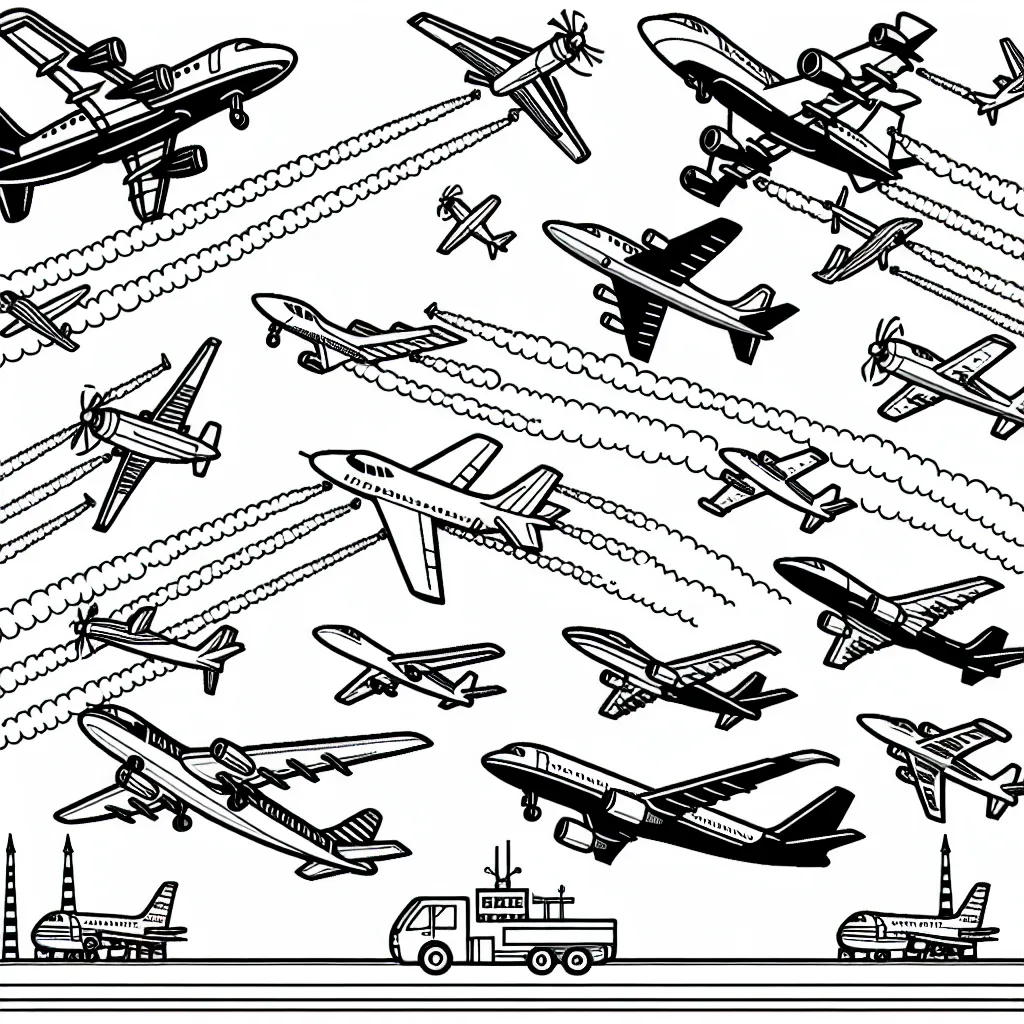 Un spectacle aérien avec différents types d'avions dans le ciel, certains sont en train de réaliser des figures acrobatiques, d’autres volent en formation. Il y a aussi au sol des avions prêts à décoller que les enfants peuvent colorer selon leurs envies.