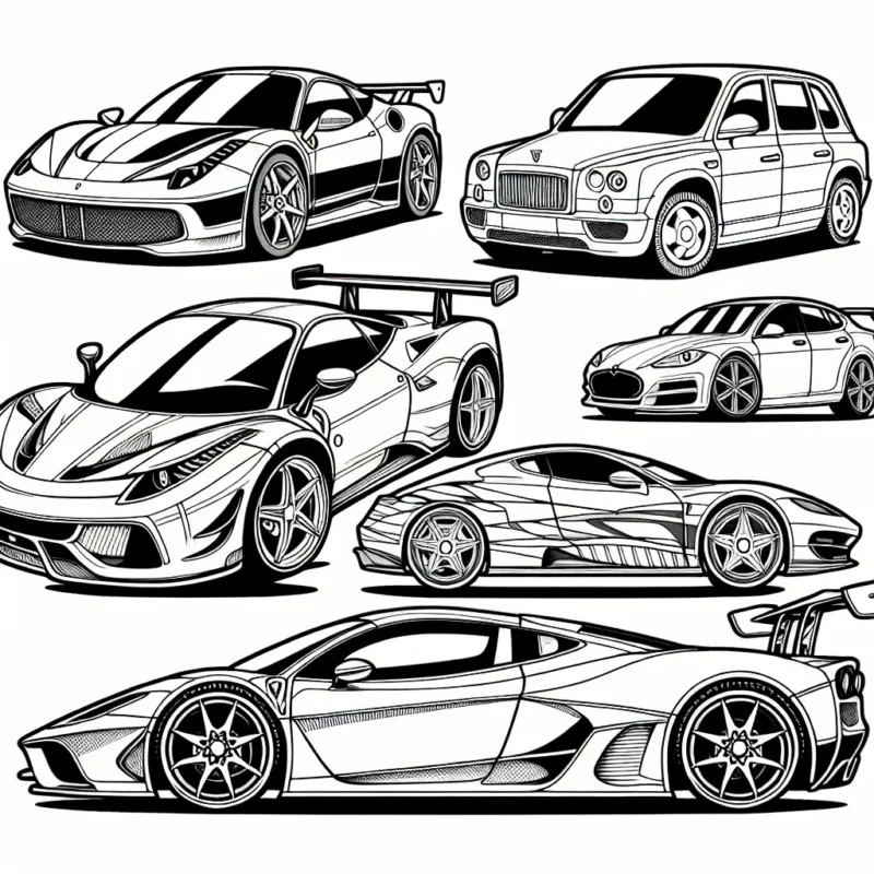 Dessine une galerie de voitures montrant une variété de marques connues comme Ferrari, Audi, BMW et Tesla. Chaque voiture doit être unique, détaillée et reconnaissable par sa forme et son logo de marque.