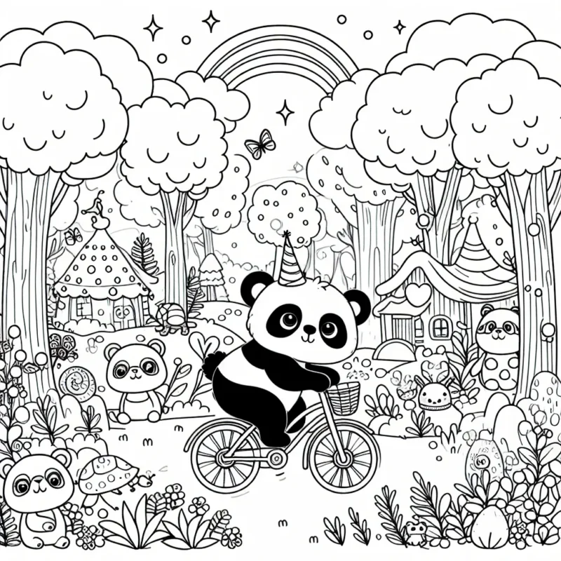 Un petit panda à vélo parcourt une forêt enchantée peuplée de créatures merveilleuses
