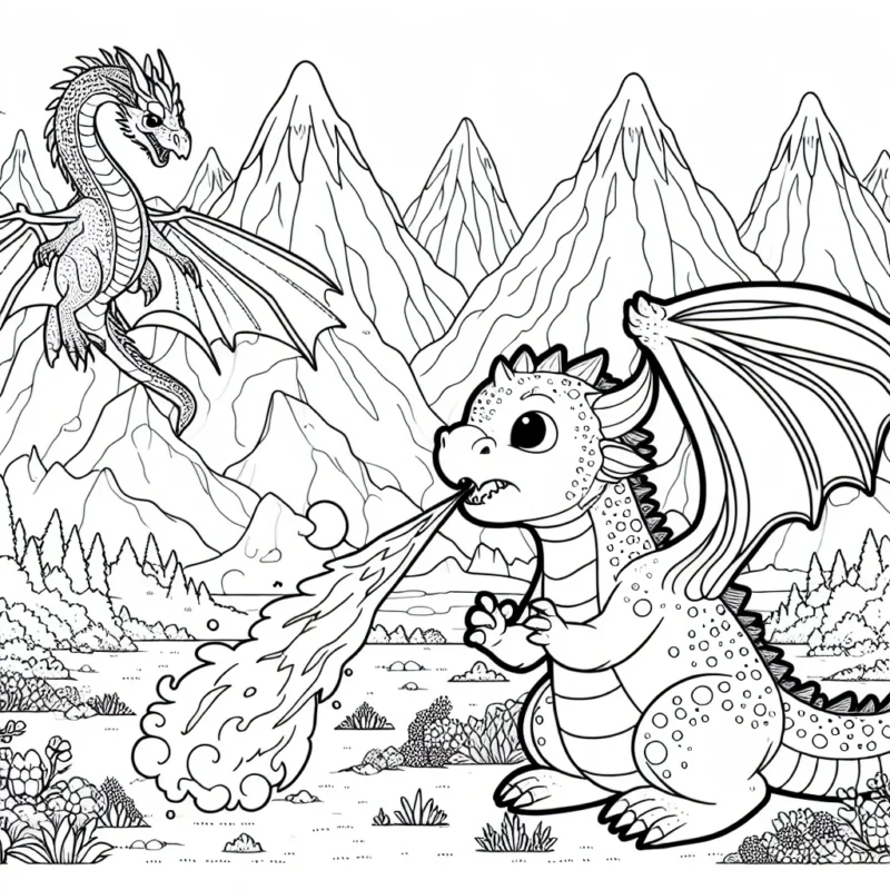 Un jeune dragon apprend à cracher du feu sous la supervision de son dragon de papa dans un paysage montagneux peuplé de créatures fantastiques.