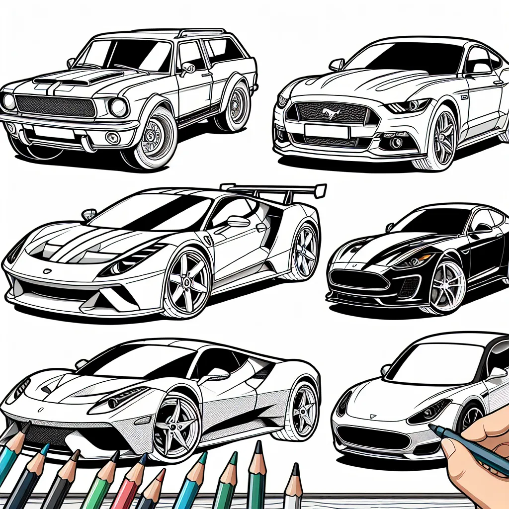 Le parc automobile s'est élargi avec une variété de voitures de différentes marques. Cette page de coloriage représente plusieurs d'entre elles dont certaines des plus célèbres : la robuste Ford Mustang, l'élégante Jaguar F-Type, la puissante Ferrari 488 et l'innovante Tesla Model S. Il est temps pour toi de donner de la couleur à ces voitures de rêve !